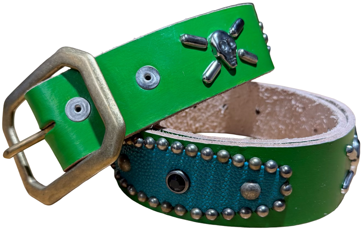 Studded 'Green Skull' Leather Belt