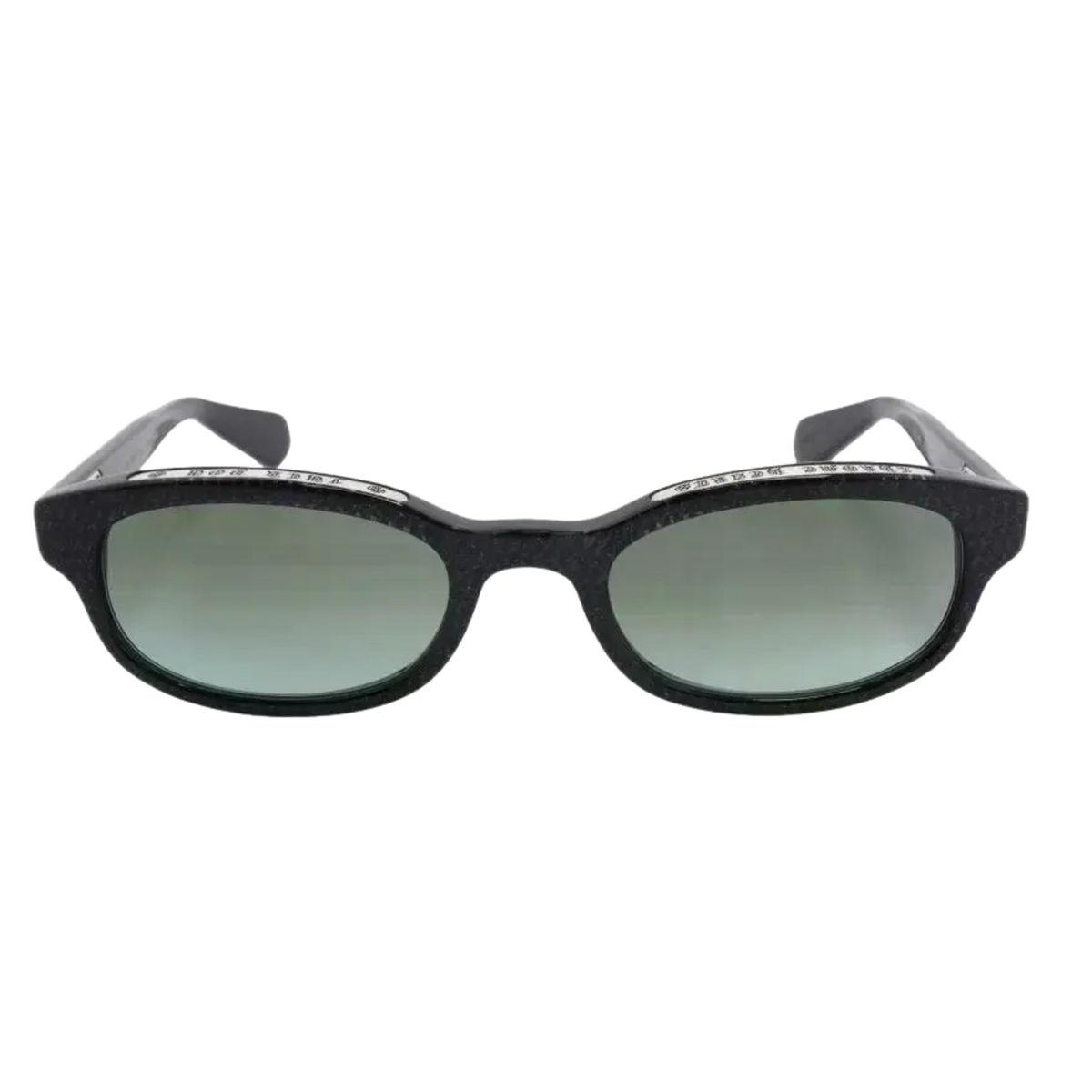 A straight-on studio layout view of the Chrome Hearts 'Lowrider' sunglasses, showcasing a sleek, modified rectangular frame crafted from high-gloss black acetate subtle injected with micro-glitter particles that catch the light, encasing premium dark grey gradient-tinted lenses and accented by small polished sterling silver hardware rivets embedded on the outer upper brow corners.