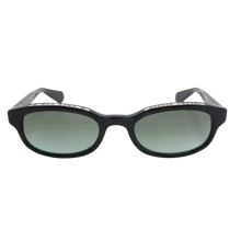A straight-on studio layout view of the Chrome Hearts 'Lowrider' sunglasses, showcasing a sleek, modified rectangular frame crafted from high-gloss black acetate subtle injected with micro-glitter particles that catch the light, encasing premium dark grey gradient-tinted lenses and accented by small polished sterling silver hardware rivets embedded on the outer upper brow corners.