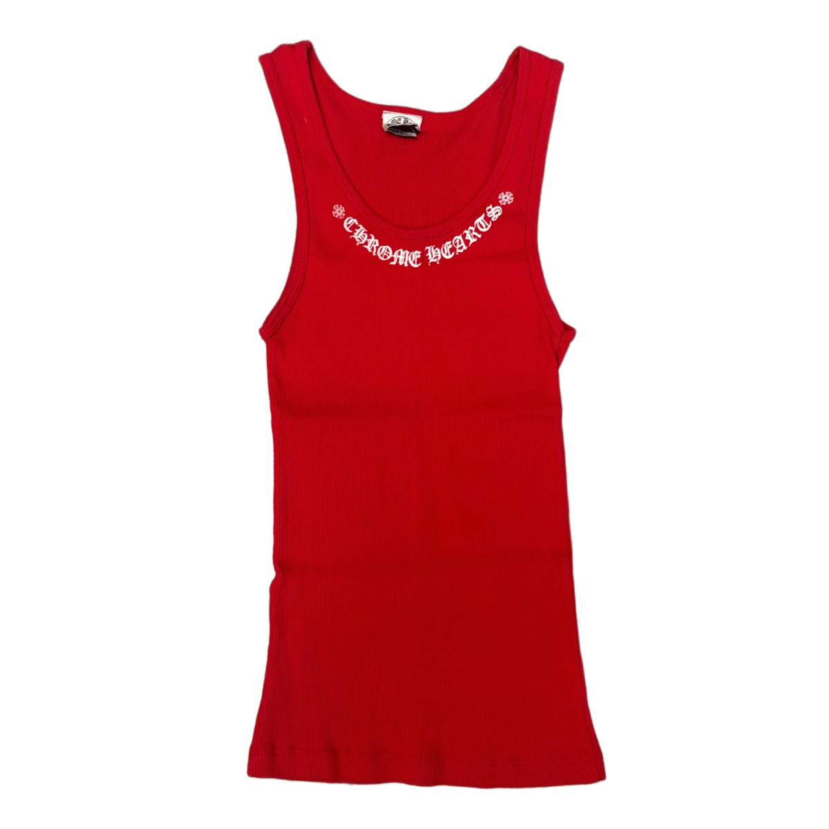 Front flat lay view of the Chrome Hearts vintage women's tank top in a rich, vibrant scarlet red fine-ribbed cotton stretch knit, showcasing a form-fitting athletic silhouette, a deep scoop neckline, a visible internal dark brand label, and a striking white gothic script logo reading 'CHROME HEARTS' printed in a wide, clean arc directly below the front neckline.