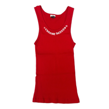 Front flat lay view of the Chrome Hearts vintage women's tank top in a rich, vibrant scarlet red fine-ribbed cotton stretch knit, showcasing a form-fitting athletic silhouette, a deep scoop neckline, a visible internal dark brand label, and a striking white gothic script logo reading 'CHROME HEARTS' printed in a wide, clean arc directly below the front neckline.