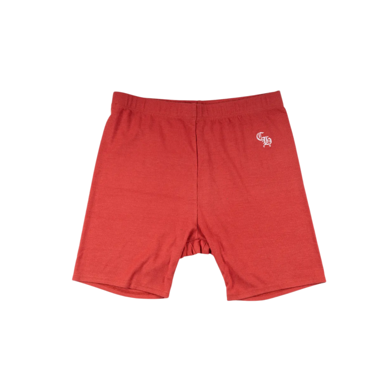 Front flat lay view of the Chrome Hearts 'Bad Seed' women's biker shorts in a vibrant athletic red performance stretch blend, showcasing a form-fitting mid-length athletic silhouette, a thick supportive flat-knit comfort waistband, clean tonal compression stitching along the inseams, and a small white signature Chrome Hearts gothic font monogram printed cleanly on the upper left hip panel.