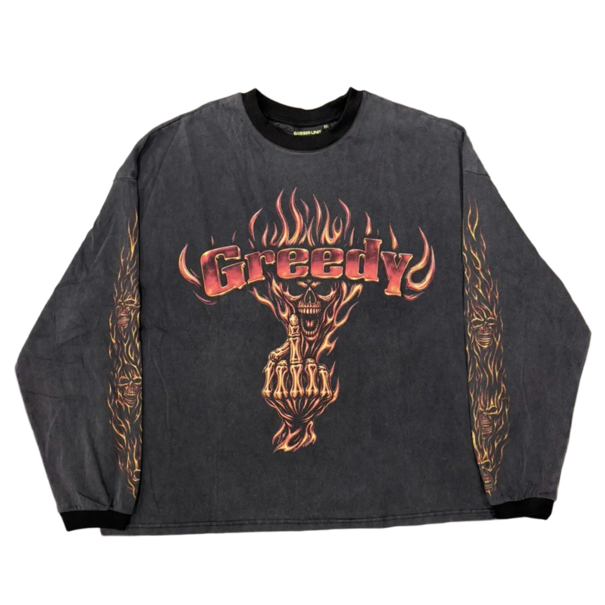 Greedy Unit 'Skull Flames' Black Ringer Longsleeve