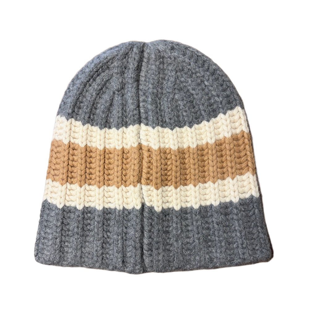 Chanel 'Grey & Beige Striped' No Cuff Knit Cashmere Beanie