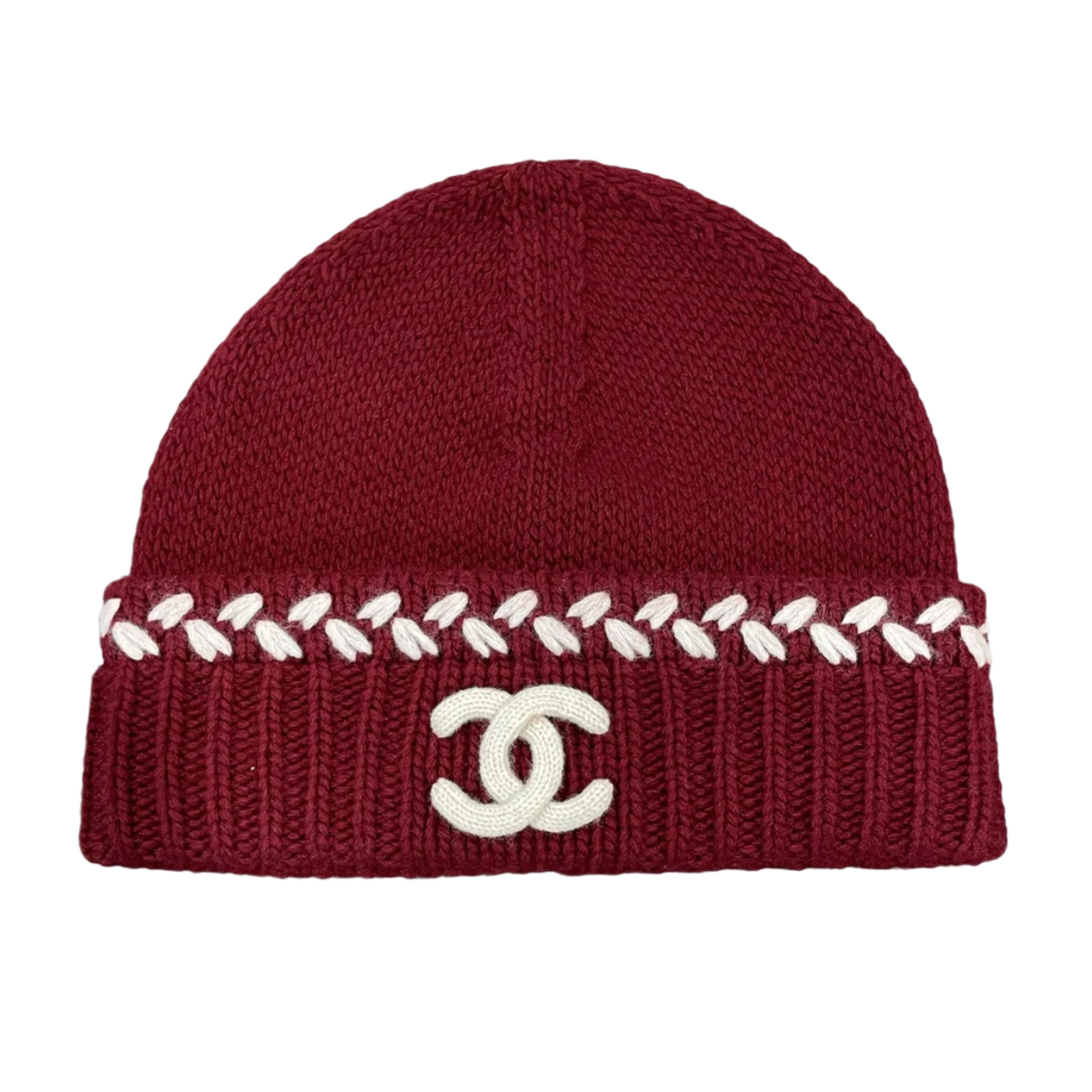 Chanel 'Burgundy & White Chain' Cashmere Beanie