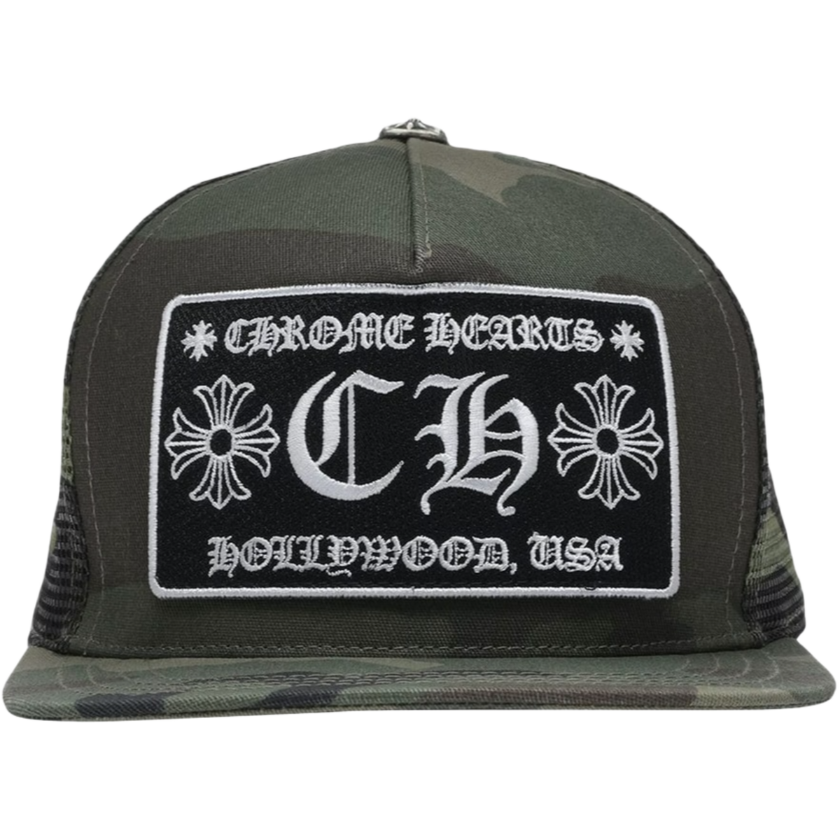 A straight front studio layout view of the Chrome Hearts trucker hat, showcasing a heavily structured woodland camouflage cotton twill front crown panel paired with breathable black mesh rear netting, a matching camouflage curved brim, and a polished sterling silver floral cross top button hardware accent, highlighted by a large embroidered front fabric patch featuring a bold white gothic 'CH' monogram logo framed by 'CHROME HEARTS' and 'HOLLYWOOD, USA' banners.
