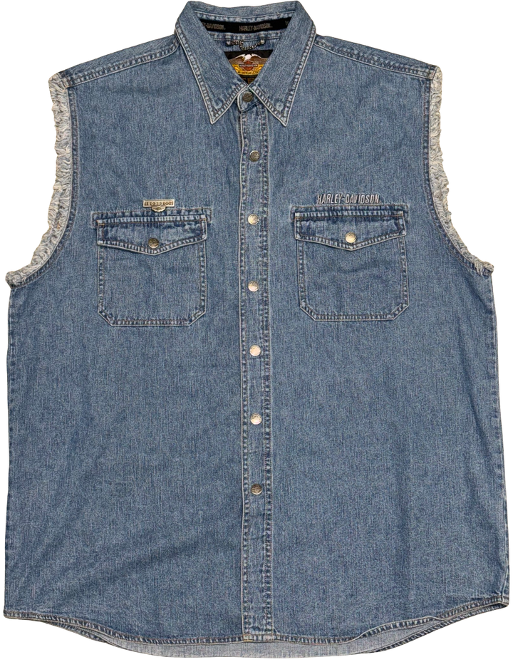 Harley Davidson '100 Years' Vintage Cutoff Button Jean Shirt