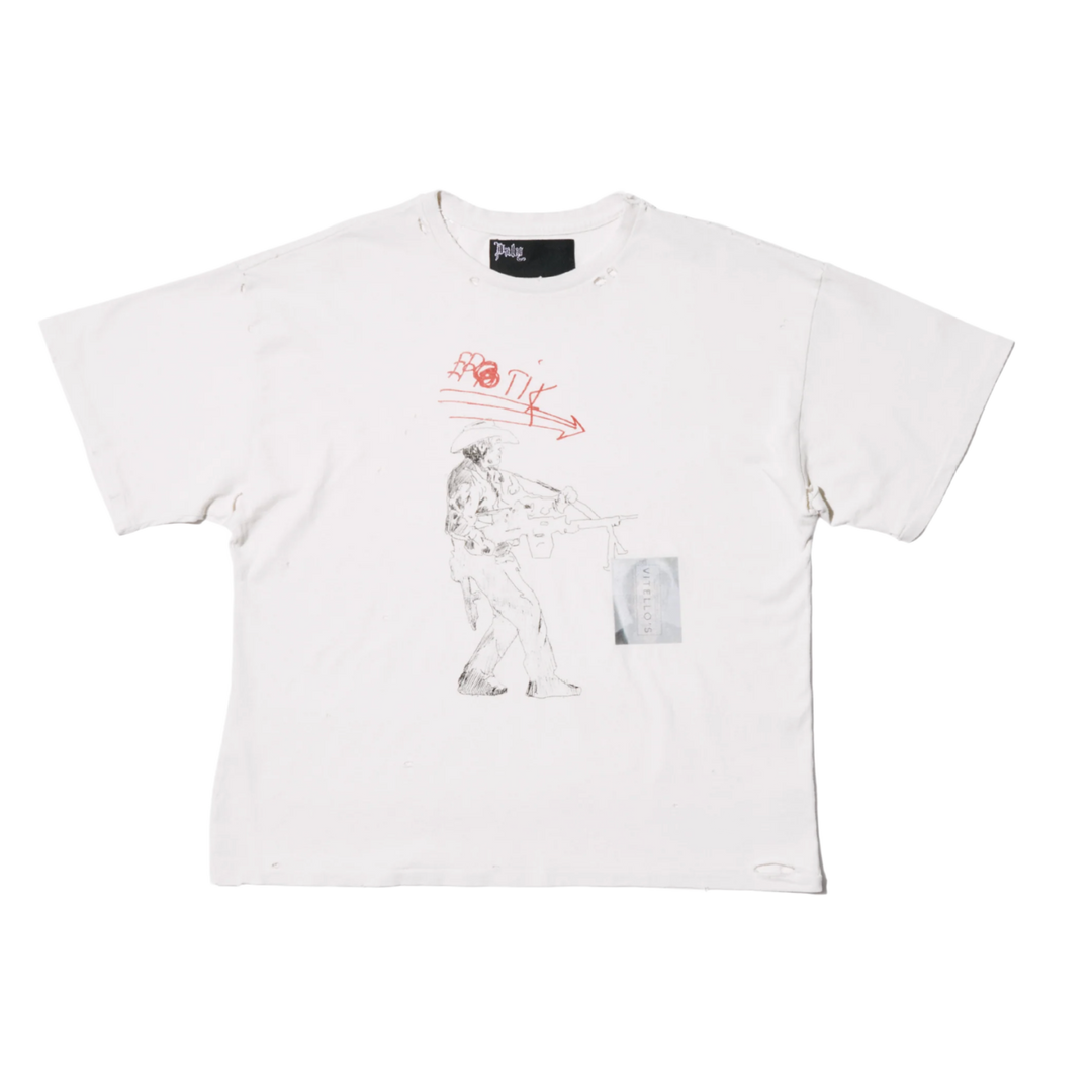 Front flat lay view of the Paly Hollywood 'Erotik Big' t-shirt in a premium washed ivory off-white cotton jersey, showcasing a relaxed boxy streetwear silhouette, a sturdy thick ribbed crewneck collar with a dark interior brand tag, and a collage of artistic graphics screen-printed across the front chest featuring monochrome illustrative panels paired with stylized pink accent lettering.