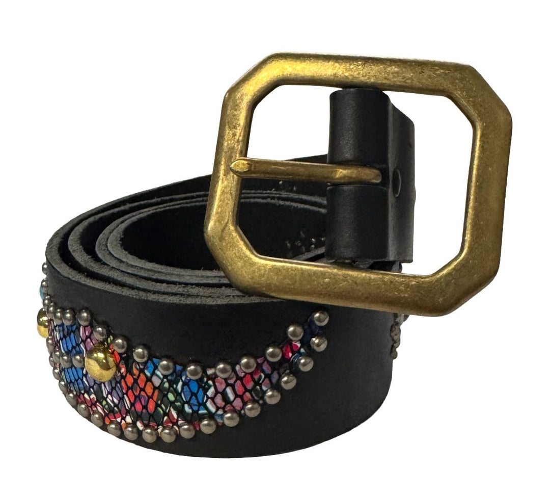 Studded 'Porn Star' Multicolor Snakeskin Black Belt