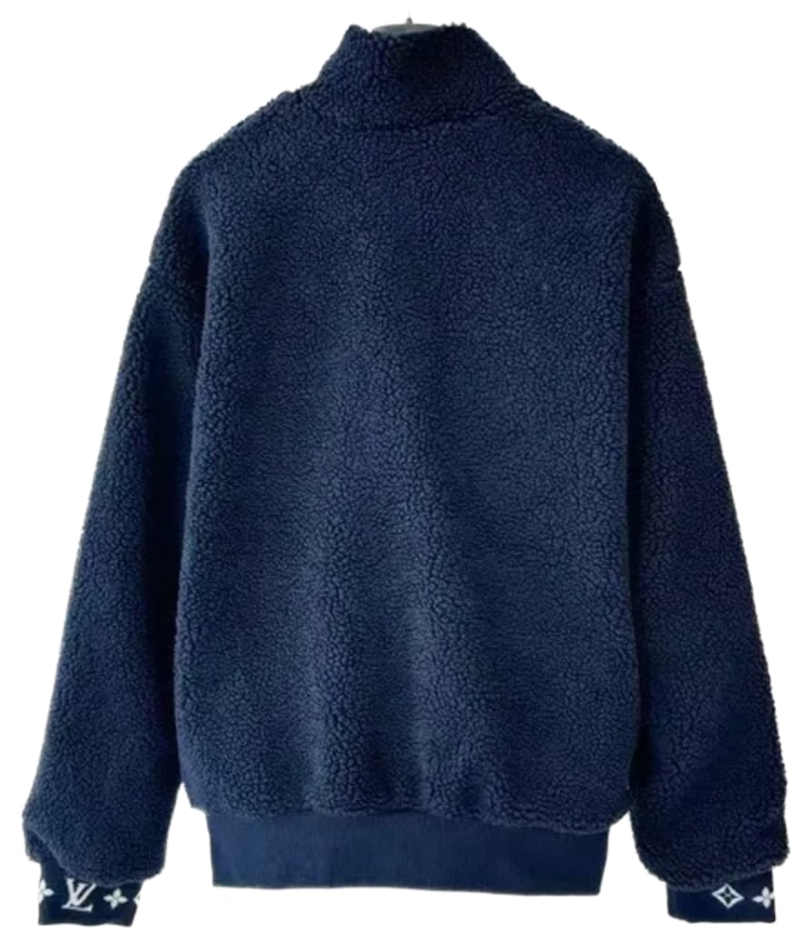 Louis Vuitton 'Navy' Leather Patch Fleece Zip Up Jacket