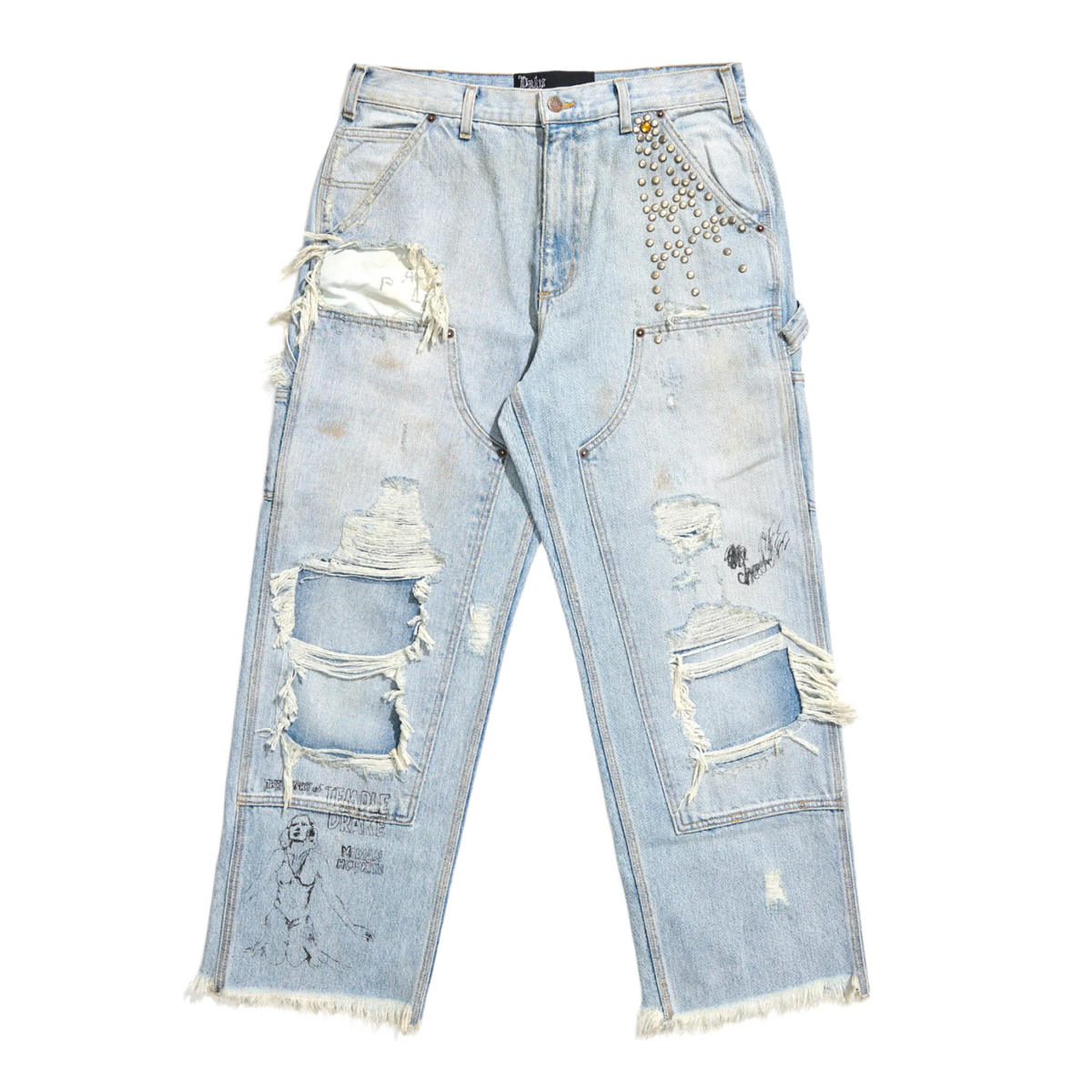 Front flat lay view of the Paly relaxed wide-leg jeans in a heavily washed light blue denim, featuring multiple shredded knee blowouts, raw frayed fabric patches, heavily distressed whiskers, and clusters of metallic silver studs detailing the front pockets.
