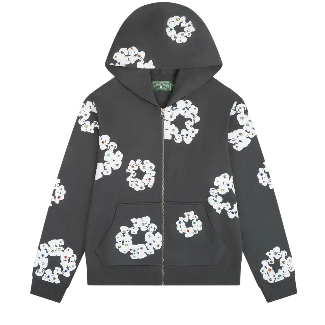 Denim Tears 'Grey' Rhinestone Wreath Zip Up Hoodie
