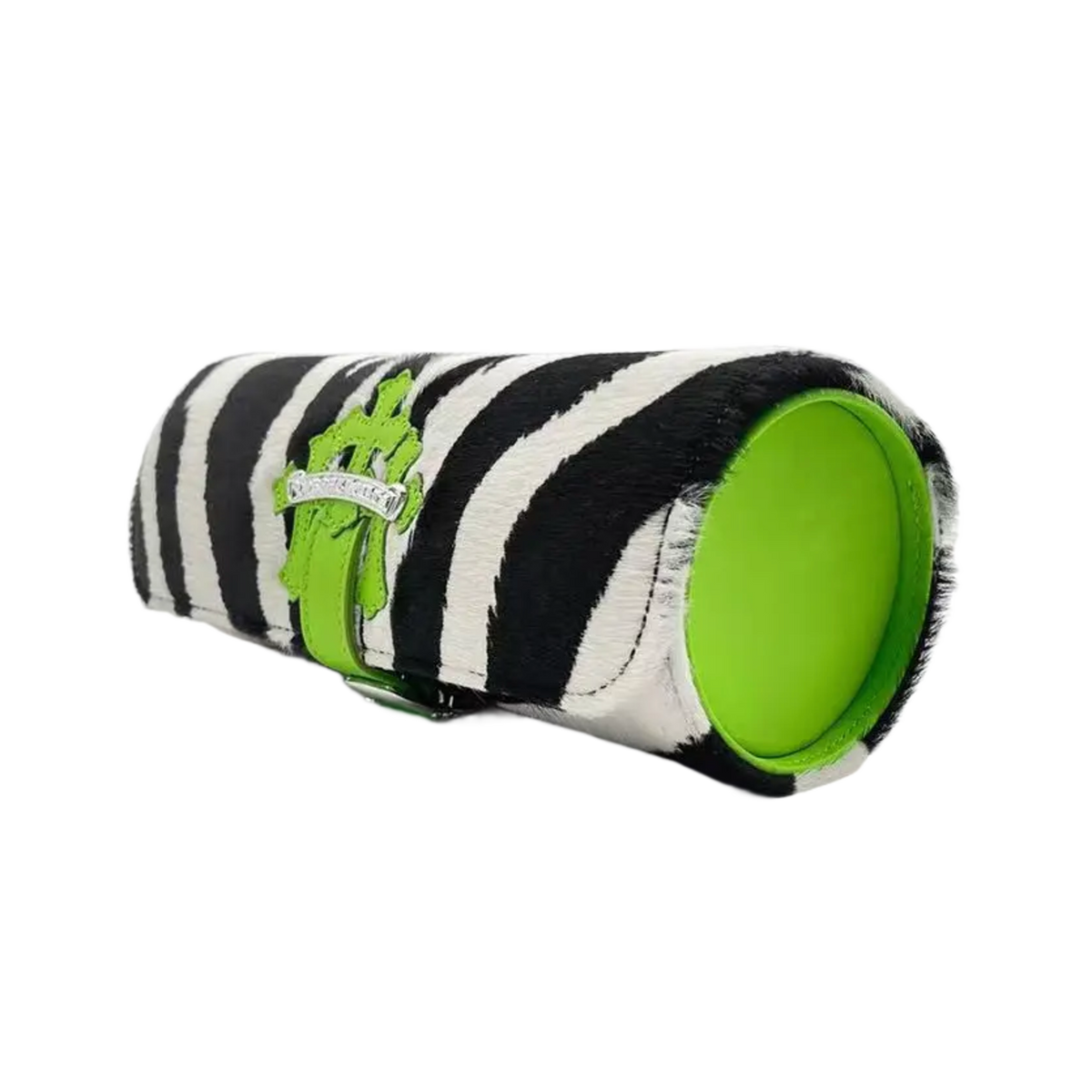 A side profile view of the watch roll partially open, highlighting the structural circular end caps, a glimpse of the neon green edge stitching, and the contrasting premium dark blue interior suede padding peeking through the rolled leather enclosure.