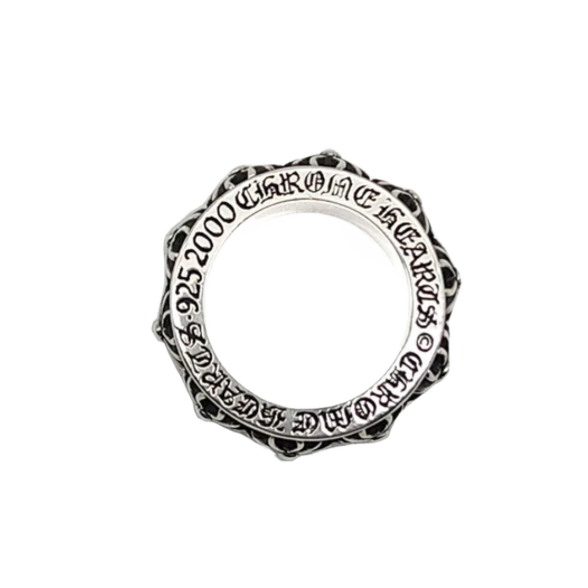 A top-down view looking directly at the circular rim of the sterling silver ring, showcasing the thick outer borders encasing the mechanical spinner core and the uniform circular geometry.