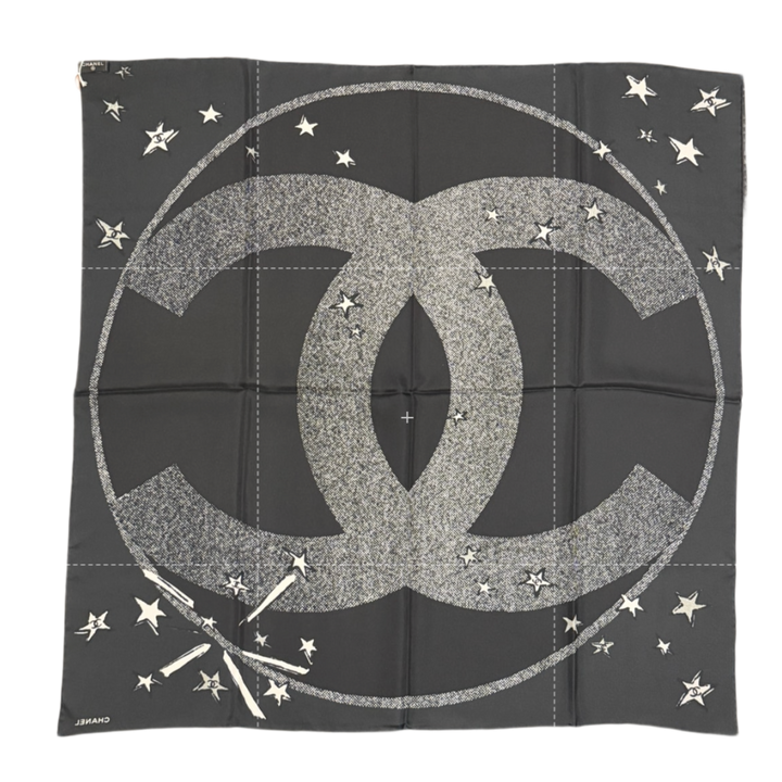 Chanel 26A CC Star Pop Black Silk Scarf
