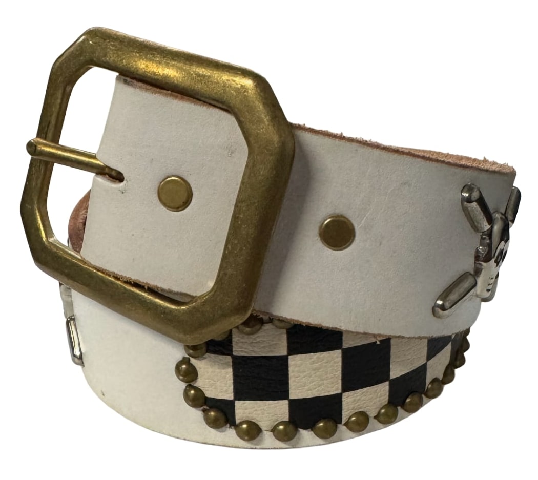 Studded 'Checkered Skull' White Belt