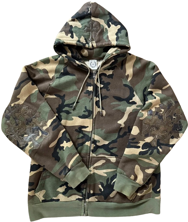 Chrome Hearts Camouflage Leather Hoodie with Cross Patch