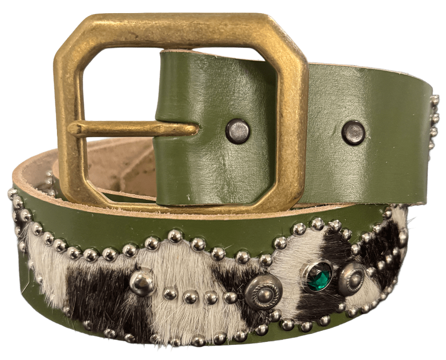 Studded 'Zebra Hair' Spider Gem Olive Leather  Belt