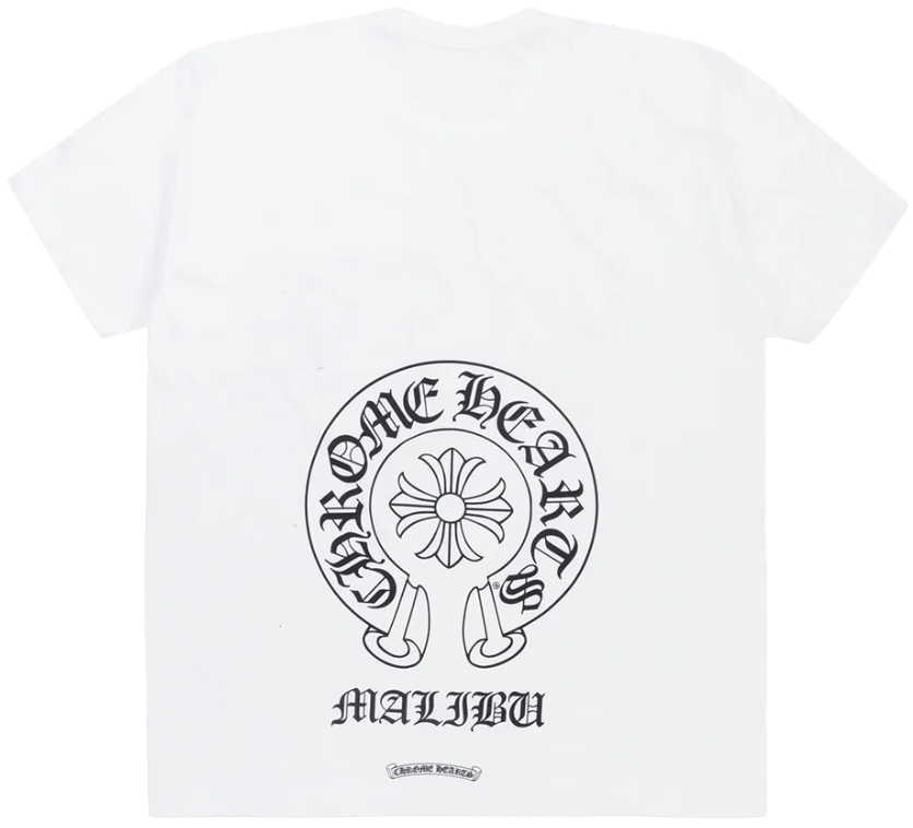 Back flat lay view of the white Chrome Hearts t-shirt, highlighting the clean streetwear drape, dominated by a large central black circular horseshoe logo graphic printed across the upper back panels with its classic signature cross motif inside, complemented by bold black gothic banner text reading 'MALIBU' curved directly underneath to denote its exclusive coastal boutique release provenance.