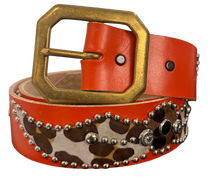 Studded 'Cow Hair Print' SPider Gem Orange Leather Belt