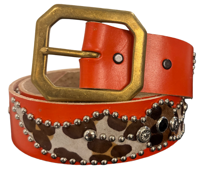 Studded 'Cow Hair Print' SPider Gem Orange Leather Belt
