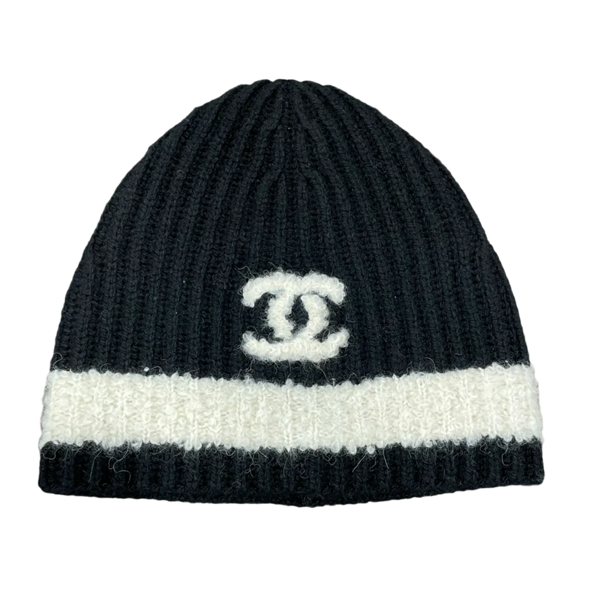 Chanel 'Ecru Stripe' Black CC Cashmere Beanie
