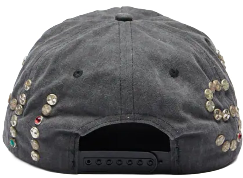 Back view of the Satoshi Nakamoto washed grey hat, showcasing an adjustable black plastic snapback enclosure, a curved opening, and a semi-circle row of metal studs lining the lower edge of the back panels.