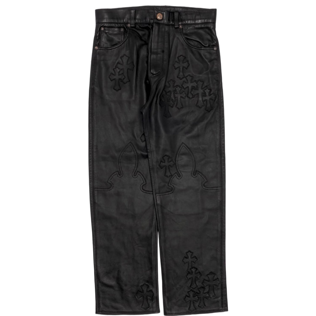 Chrome Hearts Kids 'Black' Leather Cross Patch Pants