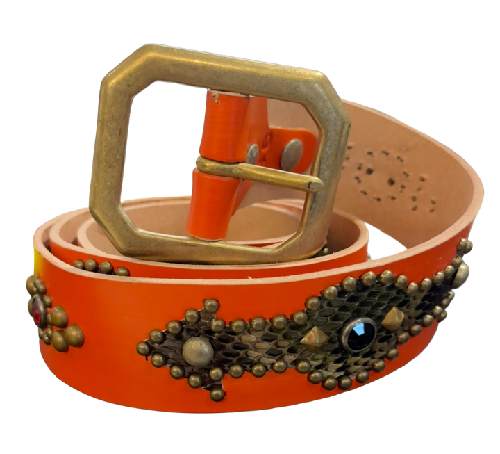 Studded 'Snakeskin Arrow Gem' Orange Belt