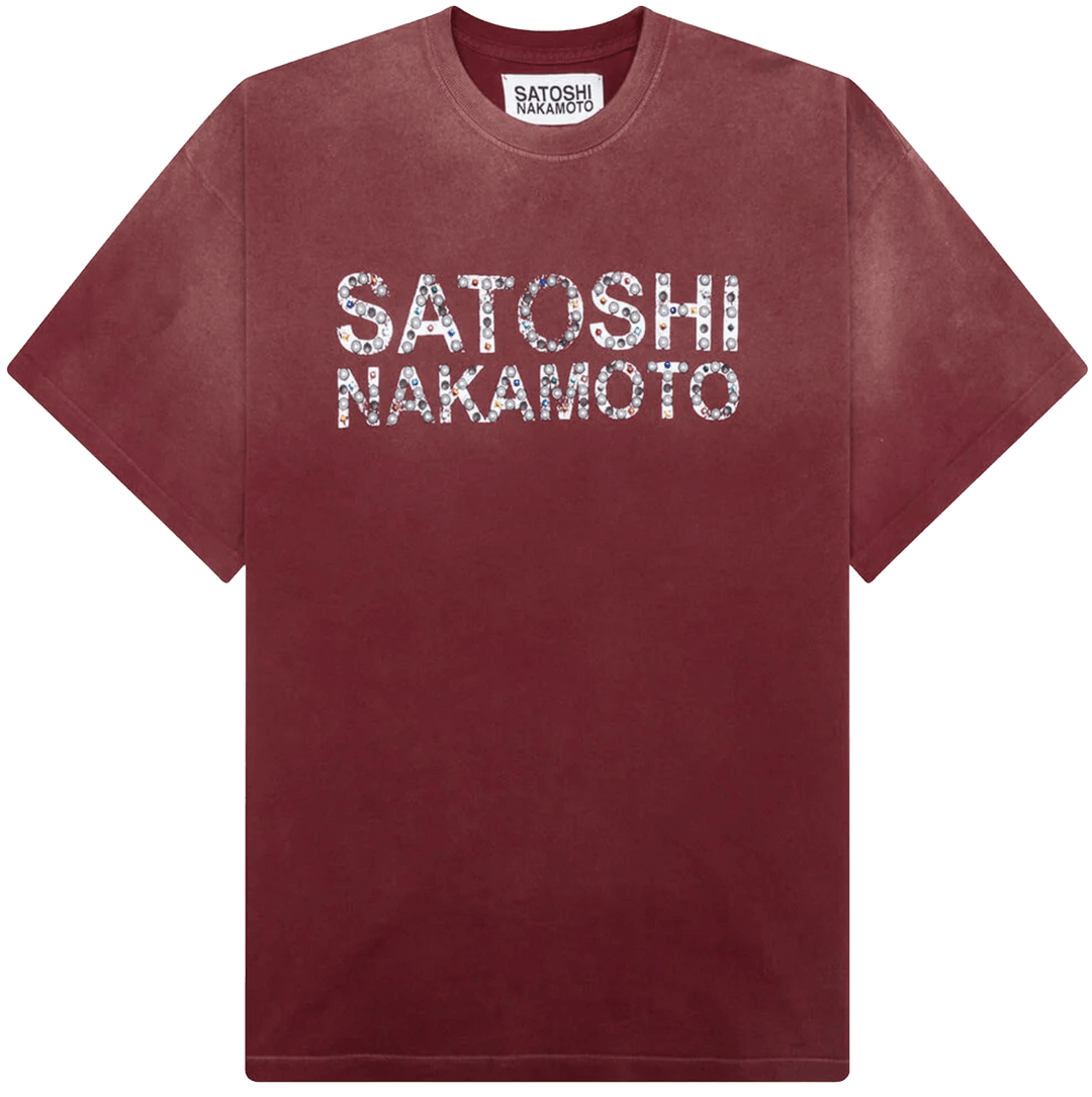 Satoshi Nakamoto 'Pearl Studded' Burgundy Logo Tee