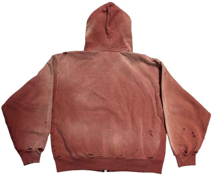 Back flat lay view of the faded red Satoshi Nakamoto zip-up hoodie, showcasing a clean, loose structural profile with a raw-edged vertical seam running straight down the center spine of the hood and back panels.