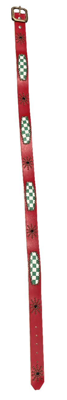 Studded 'Green Checkered Leather/ Sun Gem' Red Belt