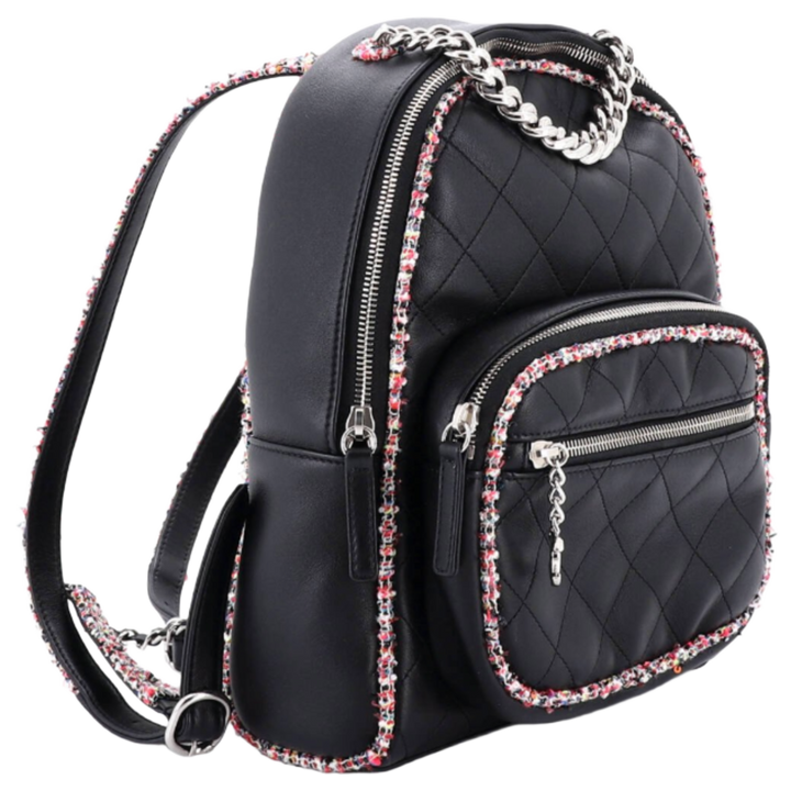 Chanel 'Elegant Trim' Quilted Leather Tweed Navy Backpack