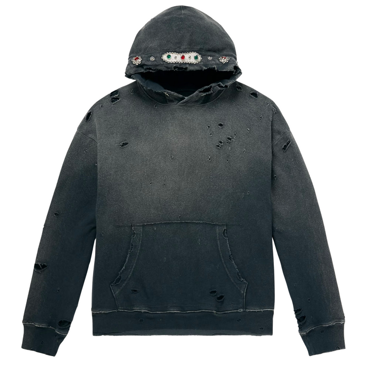 Kapital Thriller Damaged 'Washed Black' Studded Hoodie