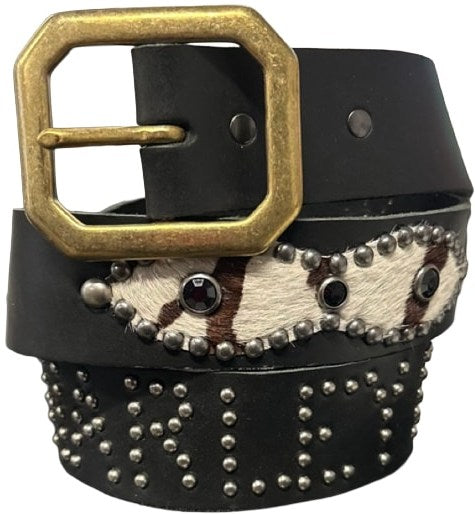 Studded 'White/Brown Cow Fur' Harley Davidson Belt