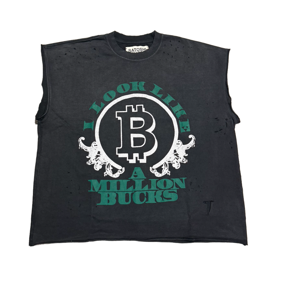 Satoshi Nakamoto 'Million Bucks' Washed Black Cutoff Tee