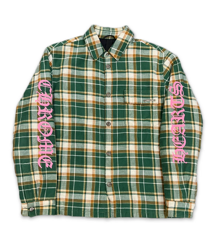 Chrome Hearts 'Pink Script' Plaid Quilted Green Flannel