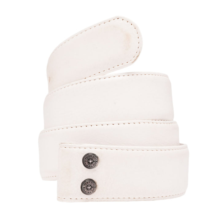 An overview of the Chrome Hearts belt strap neatly coiled, highlighting the thick, textured premium white full-grain leather construction and two dark silver snap hardware closures at the buckle end.