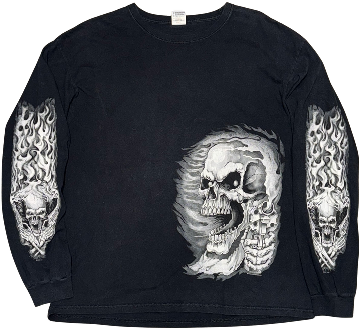 Flaming Skull 'Gunslinger' Vintage Black Longsleeve Tee