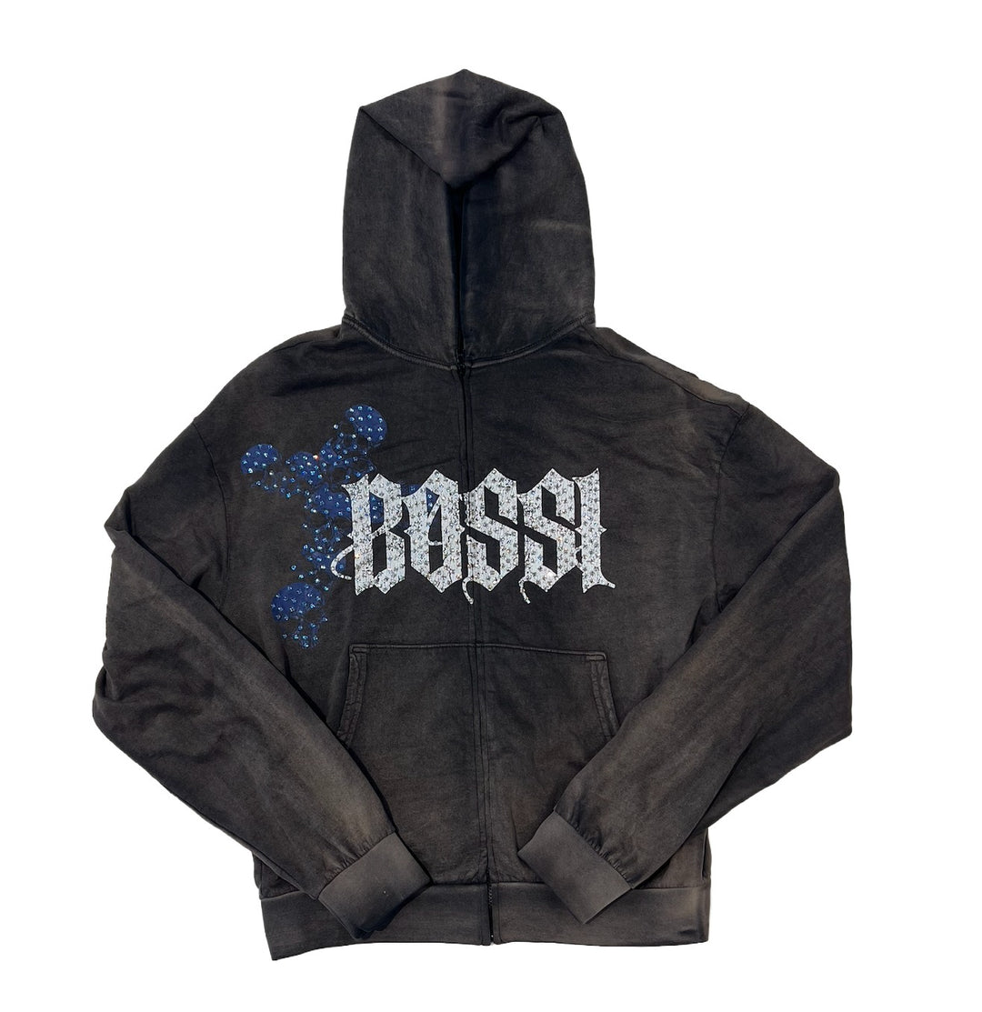 Bossi 'Blue Skull' Faded Wash Zip-Up Hoodie