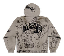 Back flat lay view of the washed grey Balenciaga Skater zip-up hoodie, showcasing the continuing extreme oversized fit covered in intricate black and charcoal graffiti screen prints, scribbles, and hand-drawn style illustrations spanning across the entire back panel and hood.