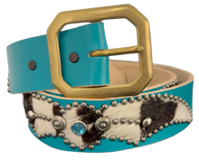 Studded 'Zebra Hair' Spider Gem Teal Leather Belt