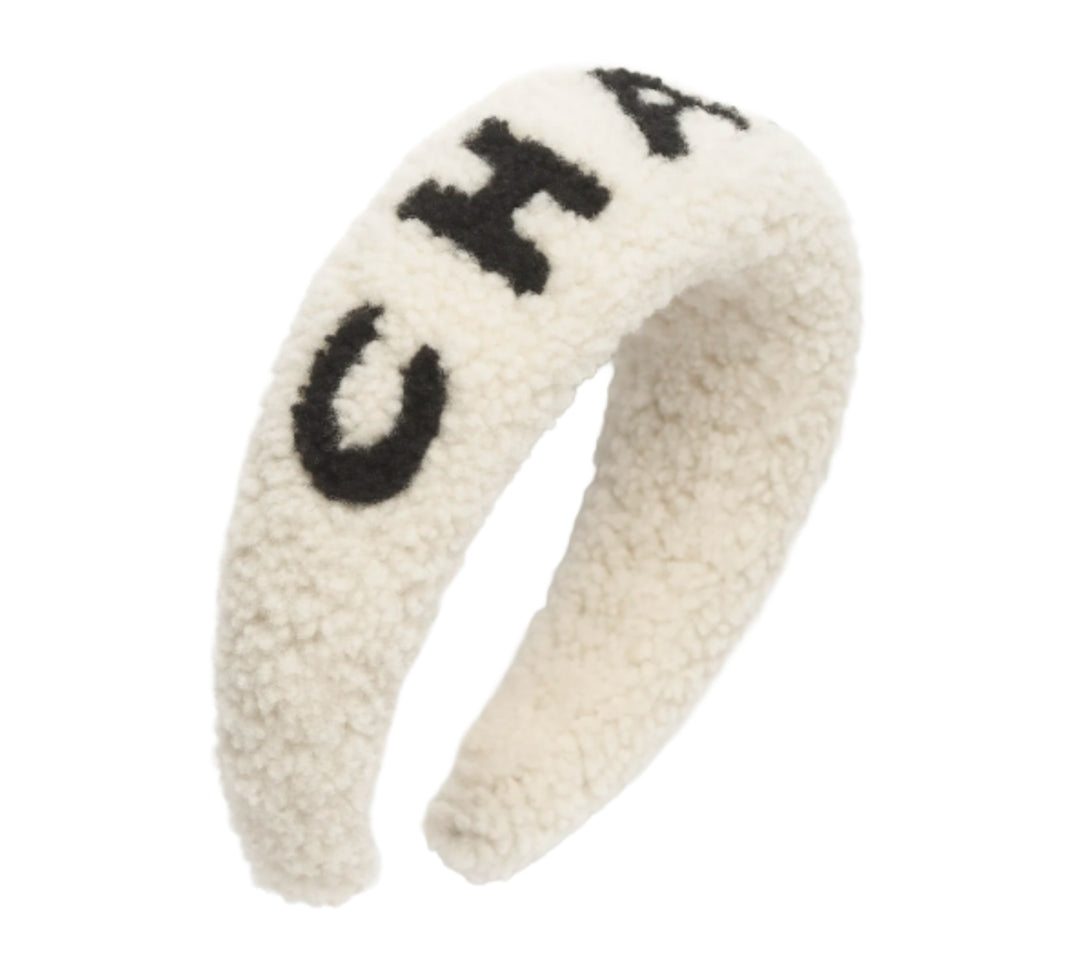 Chanel Shearling "CHANEL" Headband Black/White 25B
