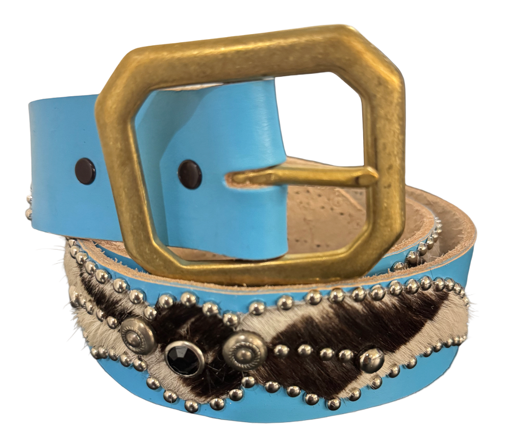Studded 'Zebra Hair' Spider Gem Baby Blue Leather Belt