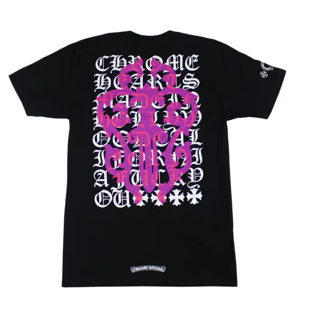 Back flat lay view of the black Chrome Hearts t-shirt, highlighting the relaxed streetwear drape, dominated by a large, vibrant multicolor graphic screen-printed across the center back torso depicting a stylized optician's eye chart with descending rows of neon pink, purple, and green gothic letters flanking a central white signature dagger design motif.