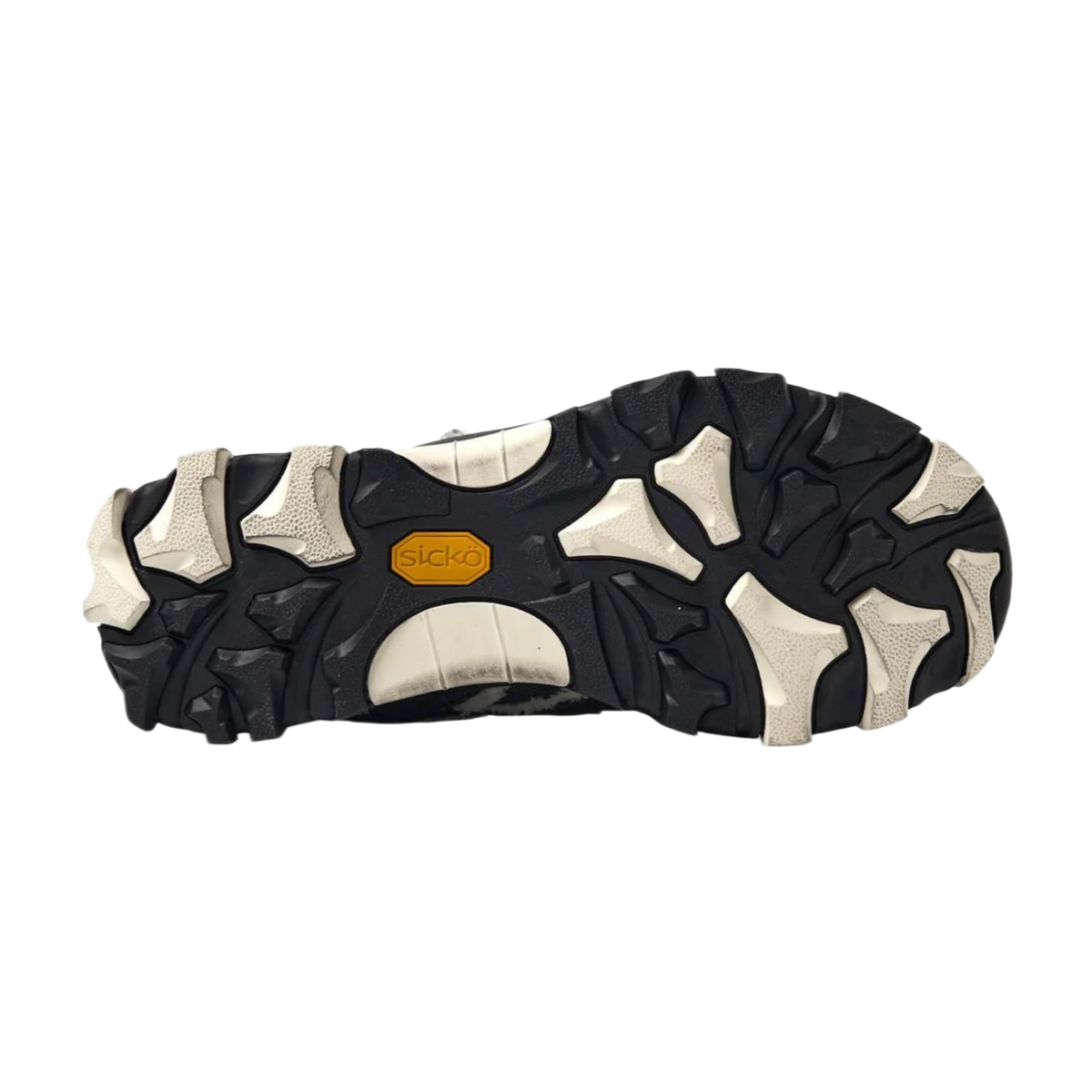 A full view of the underside of the shoe, showcasing the heavy-duty high-traction rubber outsole layout featuring an aggressive, organic multi-directional lug pattern in a striking marbled black-and-cream camo colorway, accented by a solid black structural midfoot shank plate for technical trail stability.