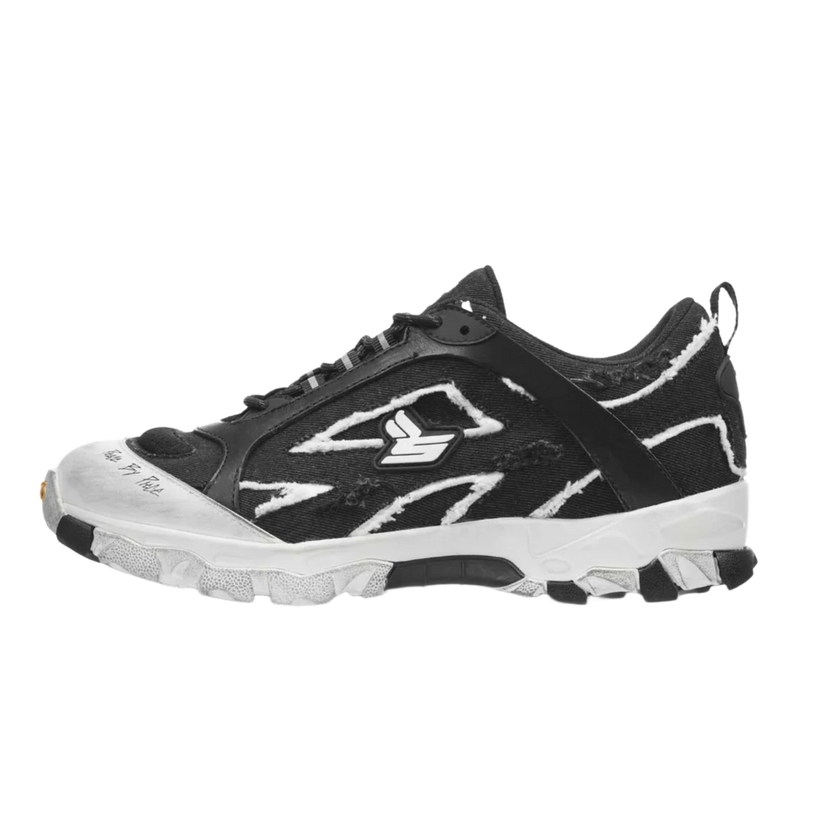 A lateral side profile view of the Sicko Vessel hiking shoe, showcasing a technical trail silhouette with a black mesh upper wrapped in high-contrast white leather and nubuck cage overlays, highlighted by a stylized white embroidered 'S' logo on the side panel, patterned laces, a canvas heel loop, and a thick black midsole stacked on a rugged white outcropping outsole.