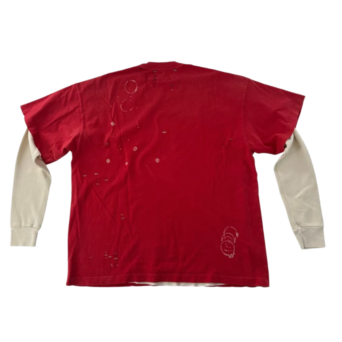 Back flat lay view of the Satoshi Nakamoto bleached red layered thermal top, highlighting the retro streetwear drape across the unadorned solid red tee back panel, contrasted by the cream-colored waffle thermal sleeves extending outward from under the short sleeves.