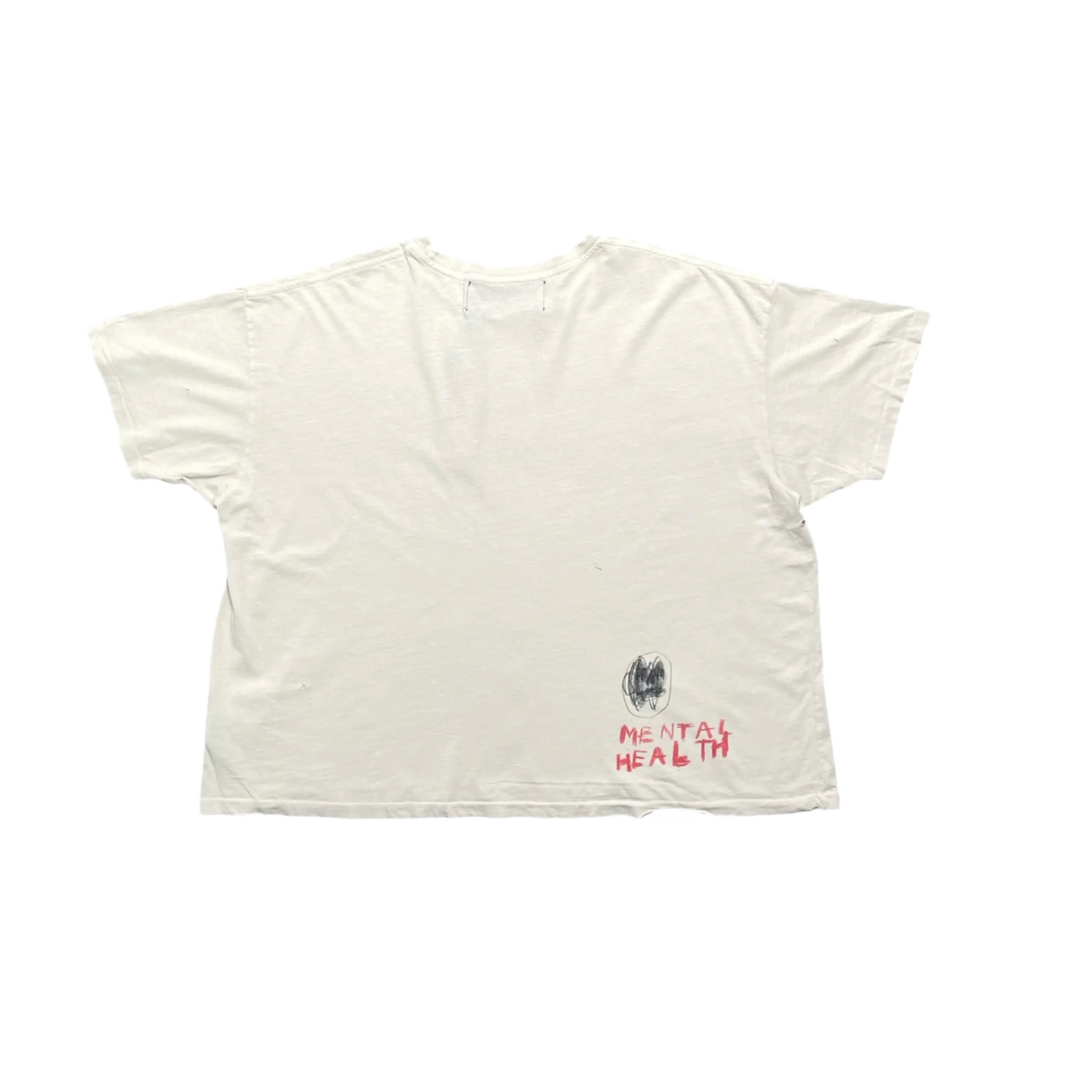Back flat lay view of the distressed cream Paly 'Drugs Crew' t-shirt, showcasing a clean back panel with a small red embroidered 'DRUGS CREW' logo stitched near the bottom right hem.