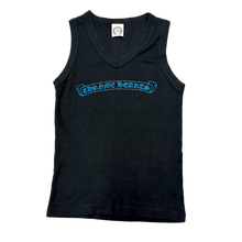 Front View Chrome Hearts 'Blue Scroll Logo' Women's Black V Neck Tank Top